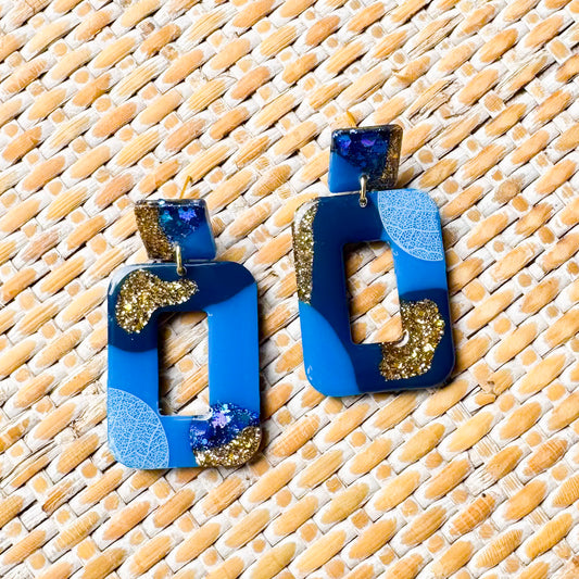 Oceanix ~ Portals | Statement blue handmade resin earrings with leaf detail - LooniKrafts