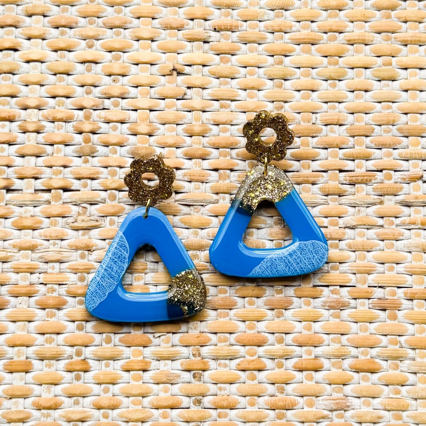 Oceanix ~ Trinity Sways | Statement blue handmade resin earrings with leaf detail - LooniKrafts