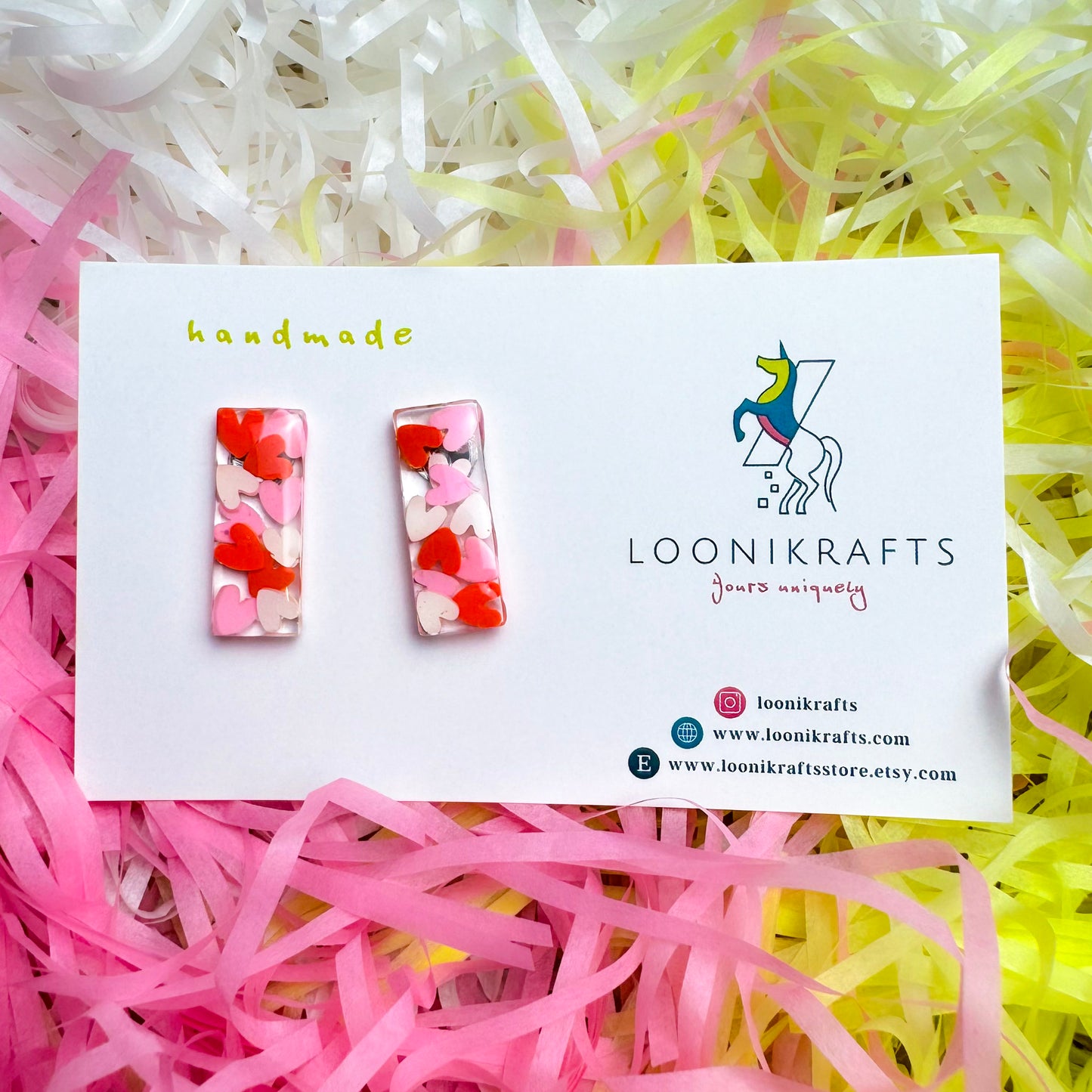 Sweetheart ~ Brick studs | Love heart handmade resin earrings - LooniKrafts