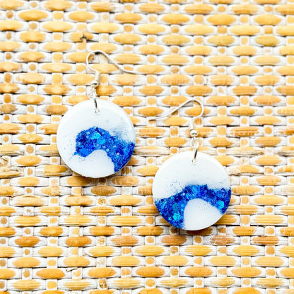 Santoria ~ Round | Pearl white & blue handmade resin earrings - LooniKrafts