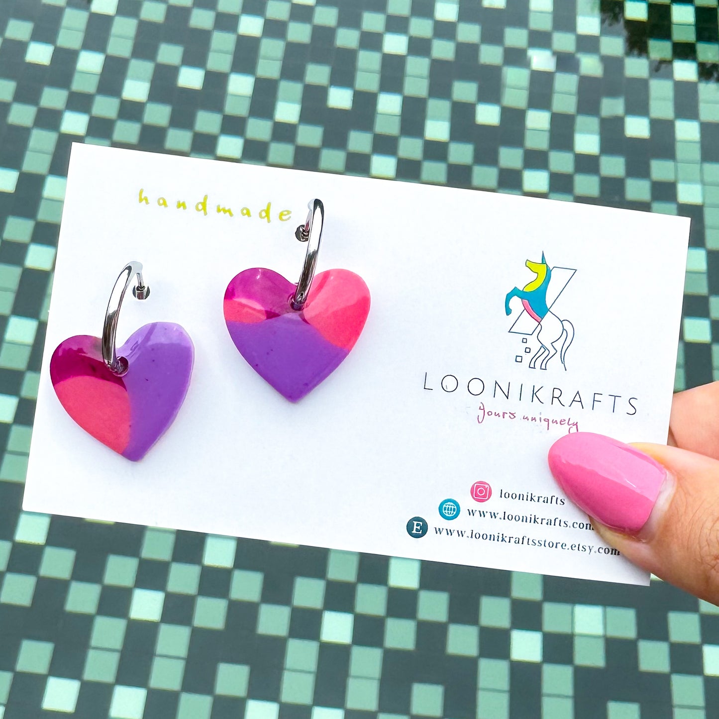 Lovella Hoops | Purple & pink heart handmade resin earrings