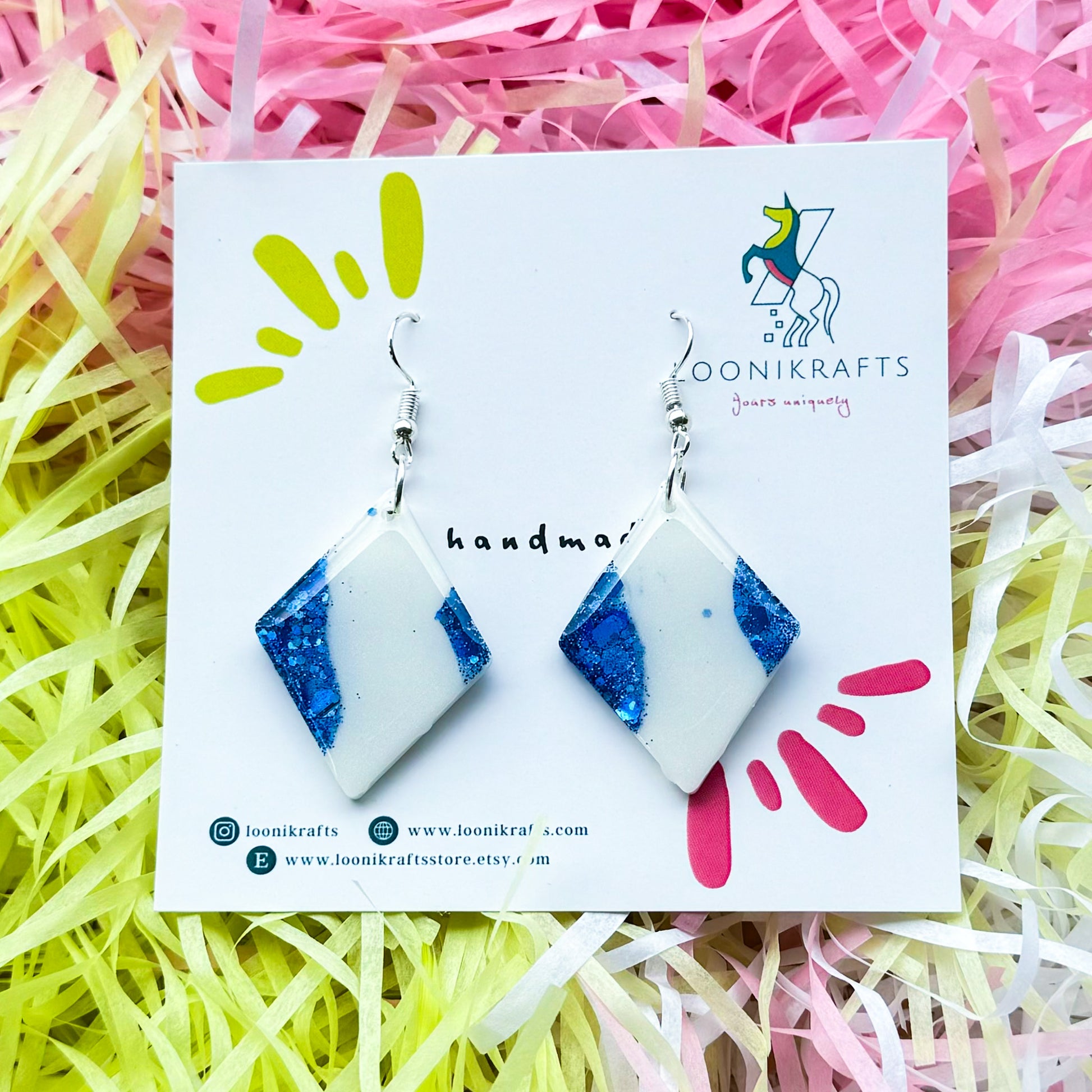 Santoria ~ Shards | Pearl white & blue handmade resin earrings - LooniKrafts