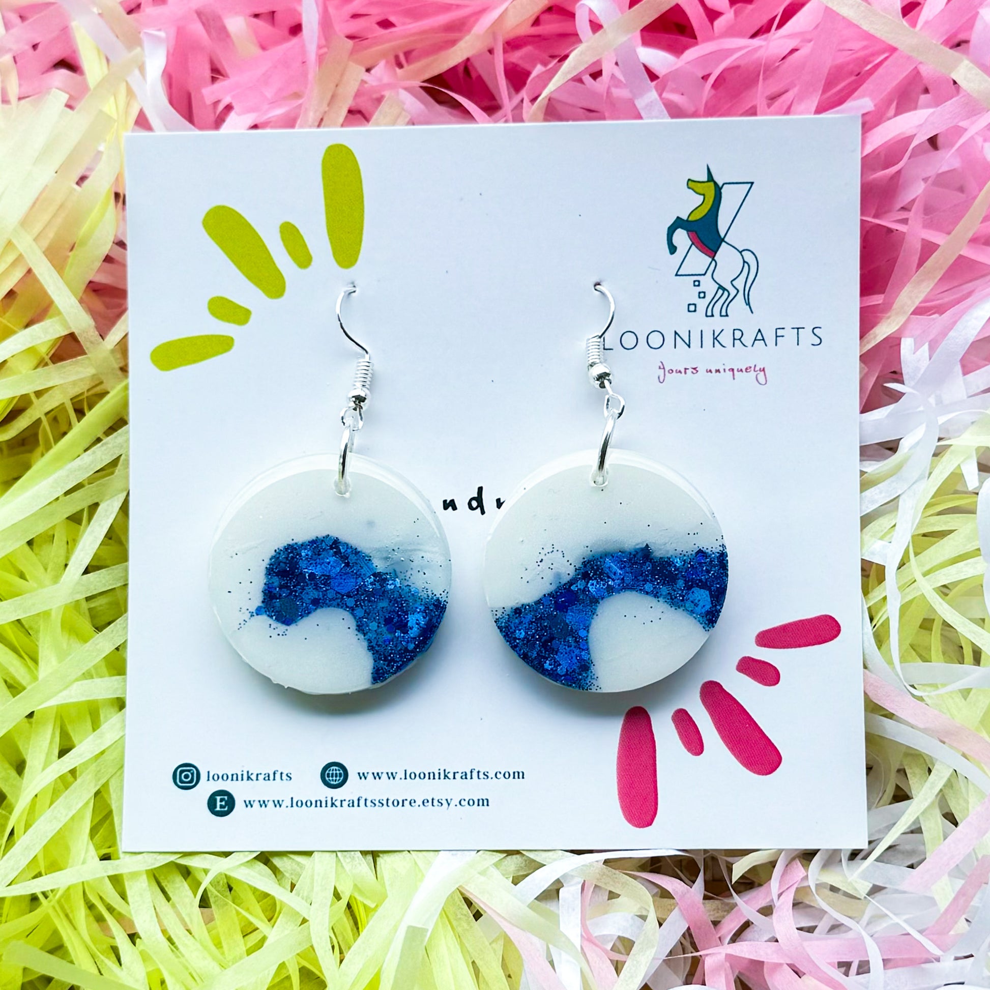 Santoria ~ Round | Pearl white & blue handmade resin earrings - LooniKrafts