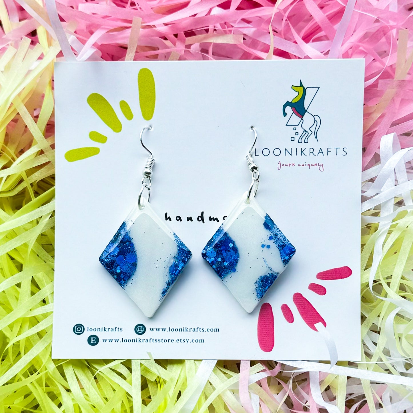 Santoria ~ Shards | Pearl white & blue handmade resin earrings - LooniKrafts