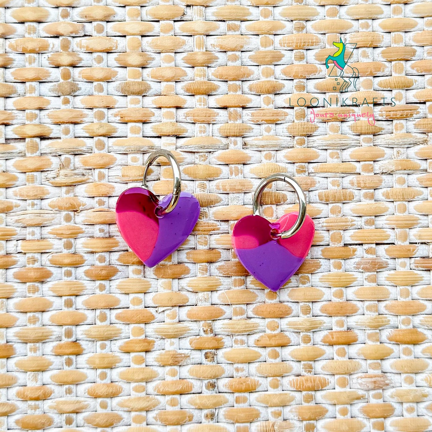 Lovella Hoops | Purple & pink heart handmade resin earrings