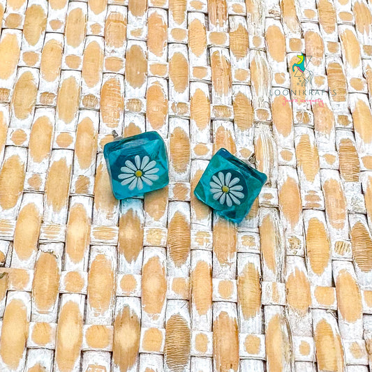 Floral Studs | Transculent square blue handmade resin earrings