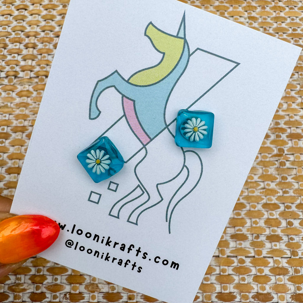 Floral Studs | Transculent square blue handmade resin earrings