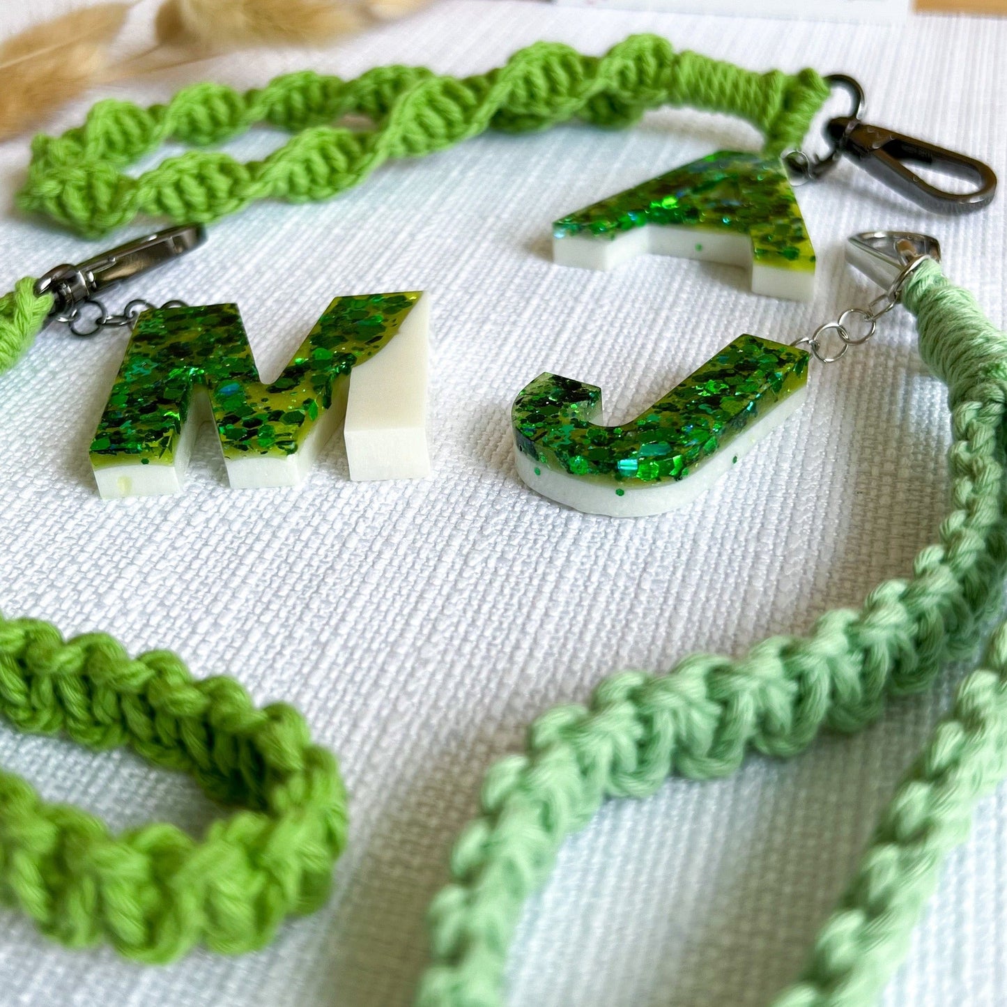 Macrame wristlet keychain with resin alphabet | handmade & customisable - LooniKrafts