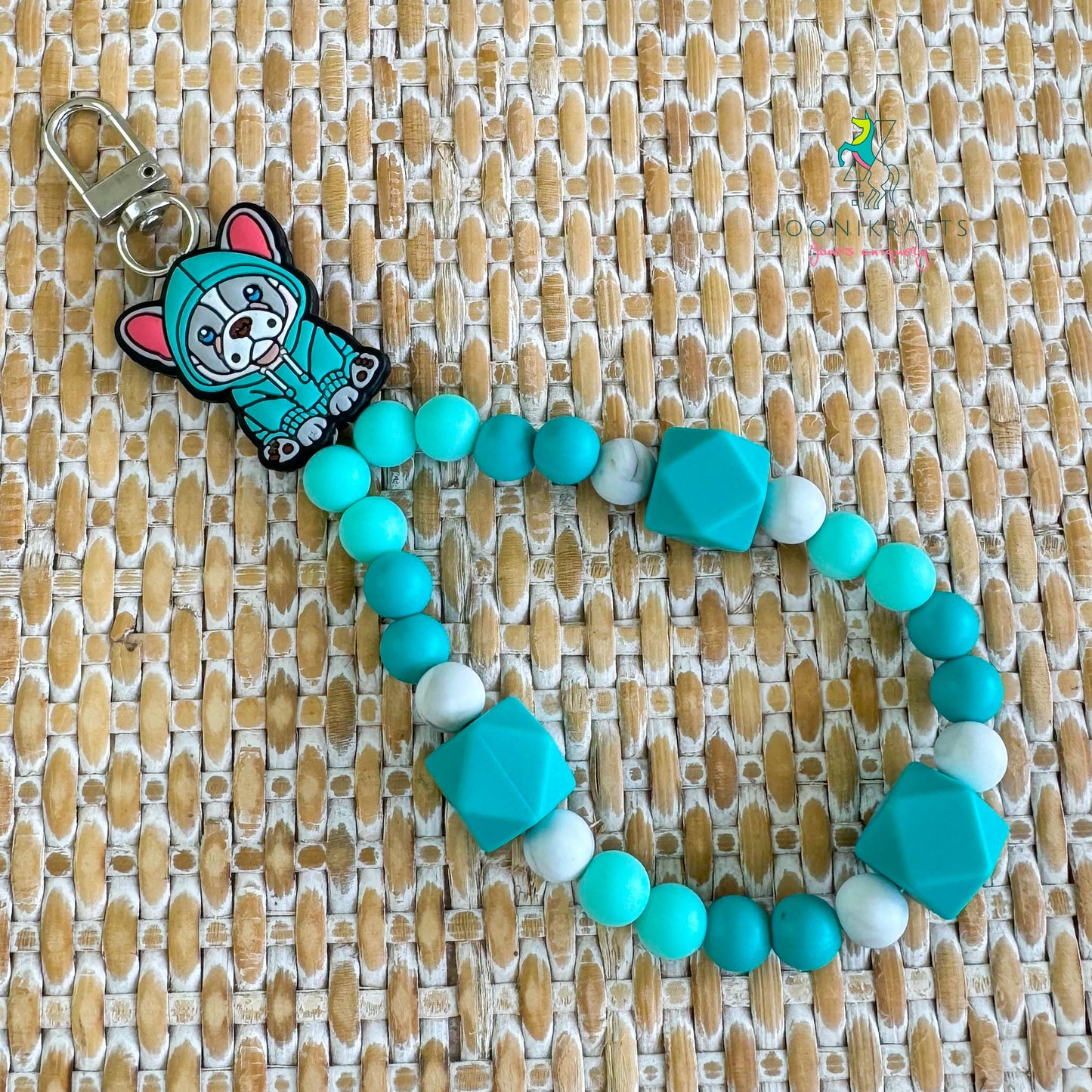 Puppy Turquoise silicone beads wristlet keychain | handmade