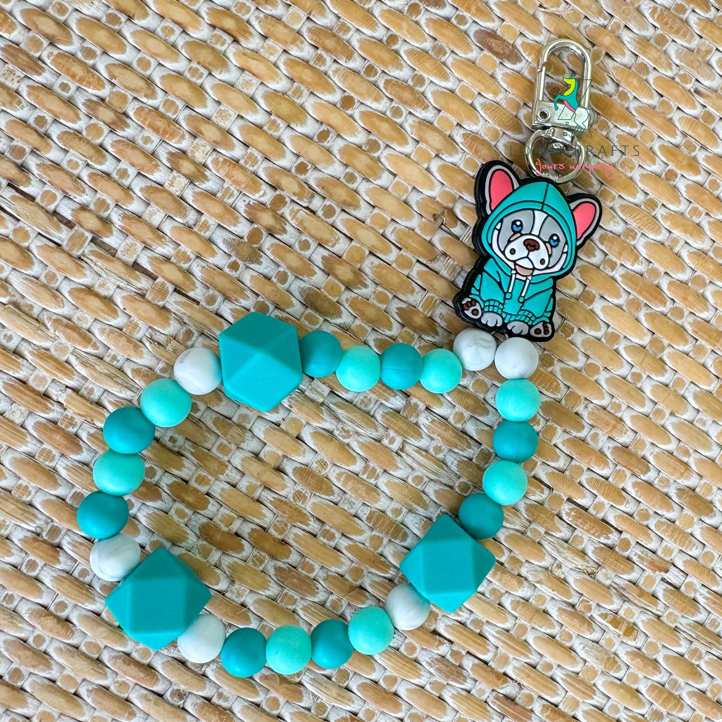 Puppy Turquoise silicone beads wristlet keychain | handmade