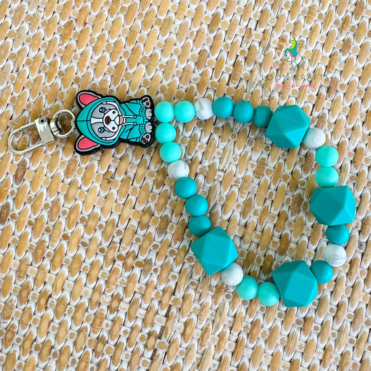 Puppy Turquoise silicone beads wristlet keychain | handmade