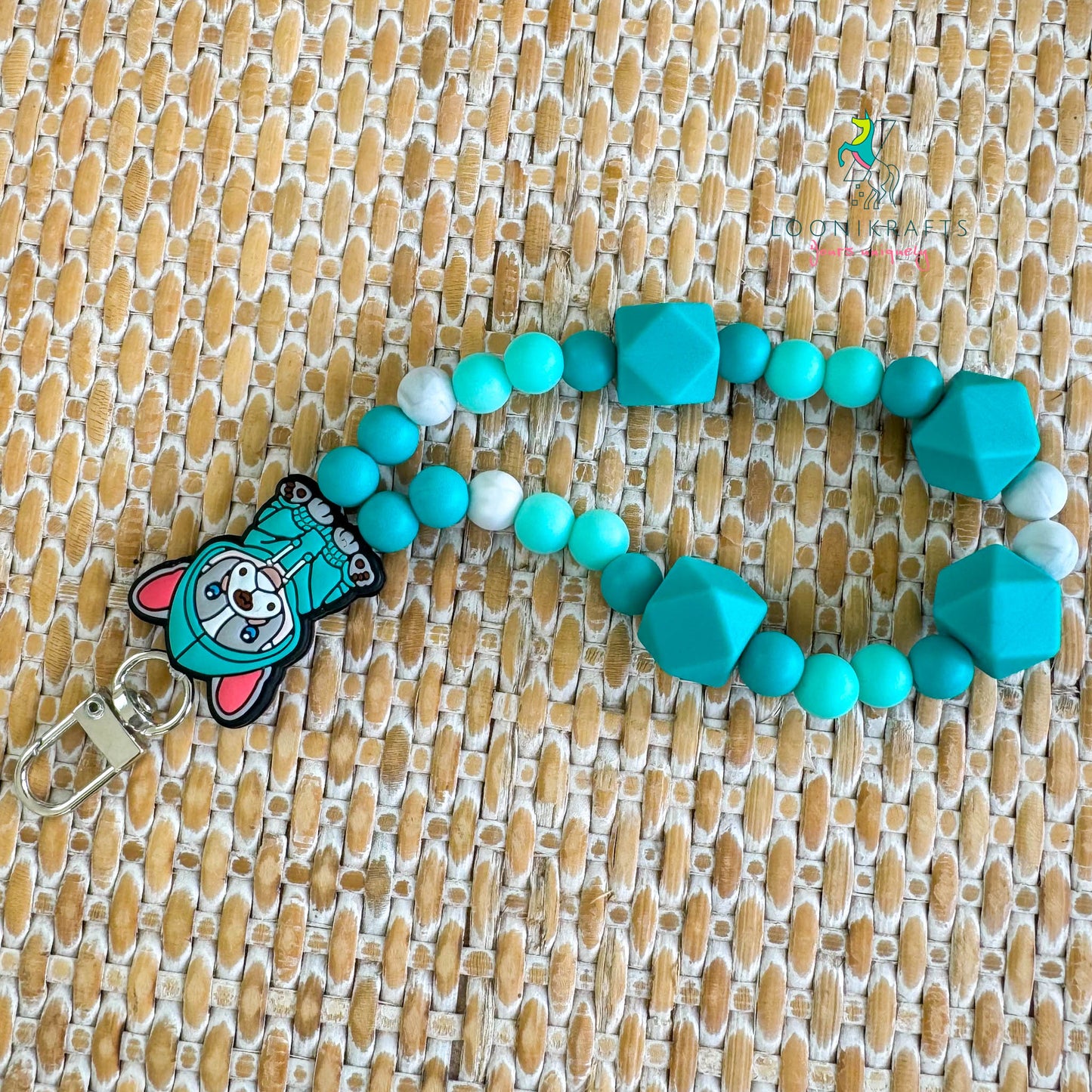 Puppy Turquoise silicone beads wristlet keychain | handmade