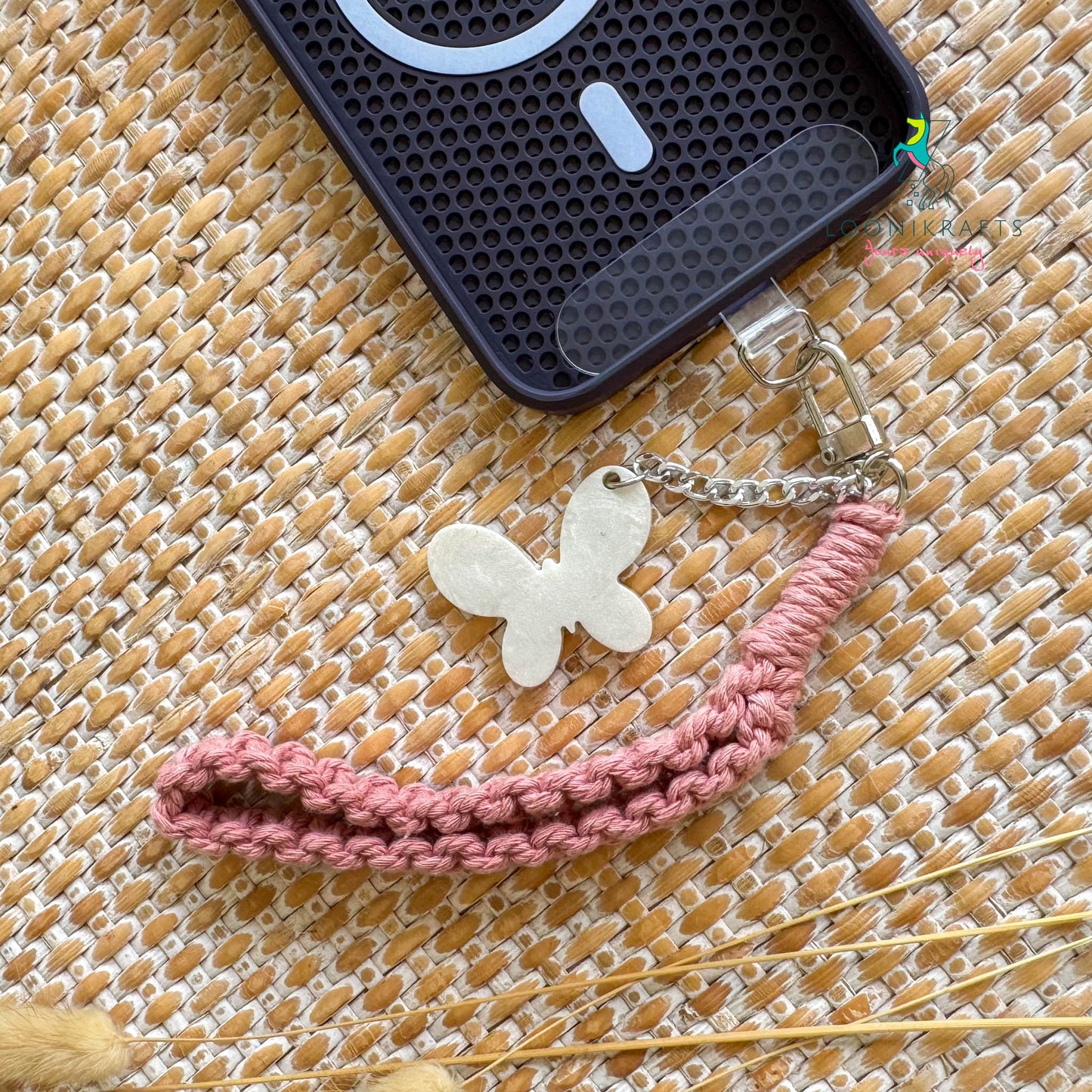 Macrame phone strap wristlet with resin charm | handmade